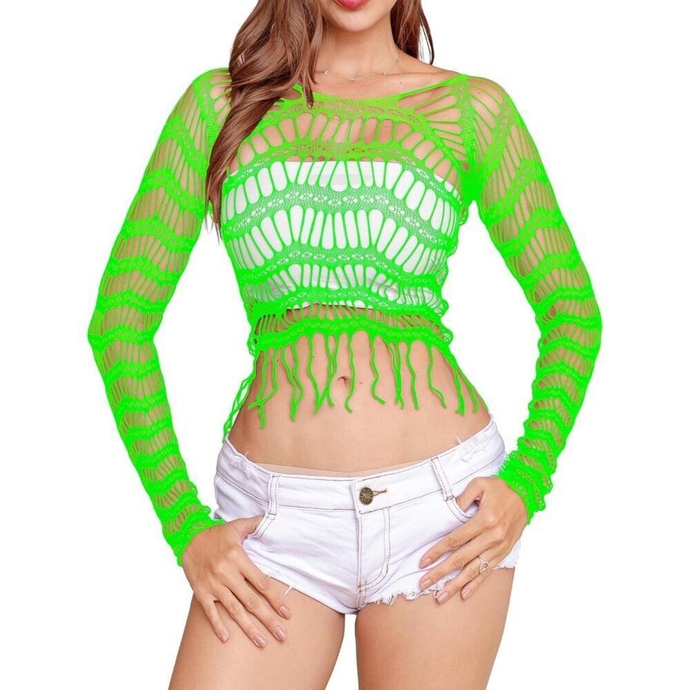 🆕 Women Green Fishnet Crop Top Babydoll Chemise Lingerie Tassels Stretchy Nylon
